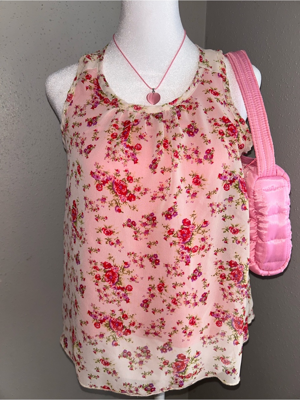 Mesh Pink Floral Sleeveless Top